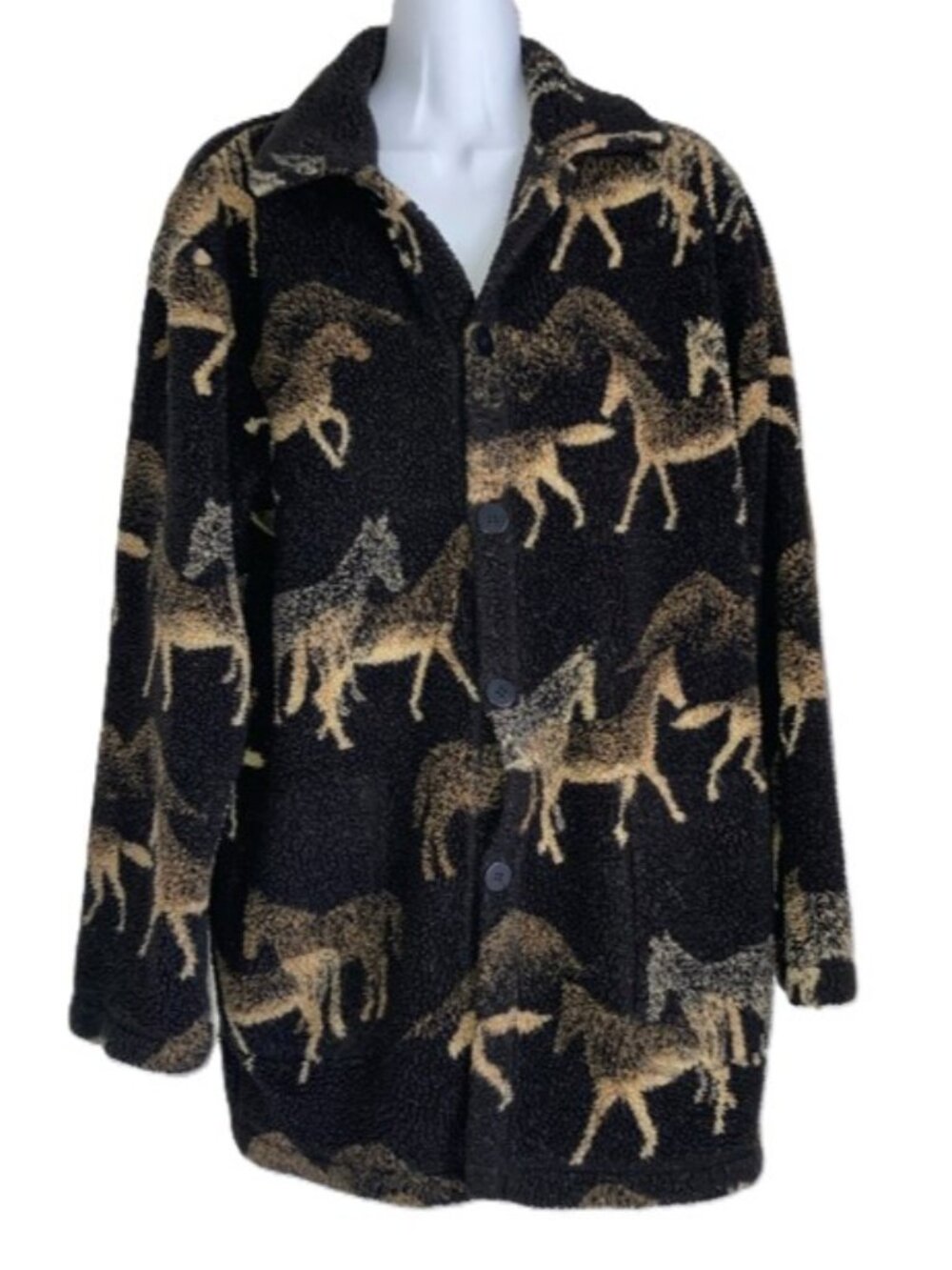 CHICOS Black Teddy Jacket Shacket with Tan Horses Print Womens Small Medium
